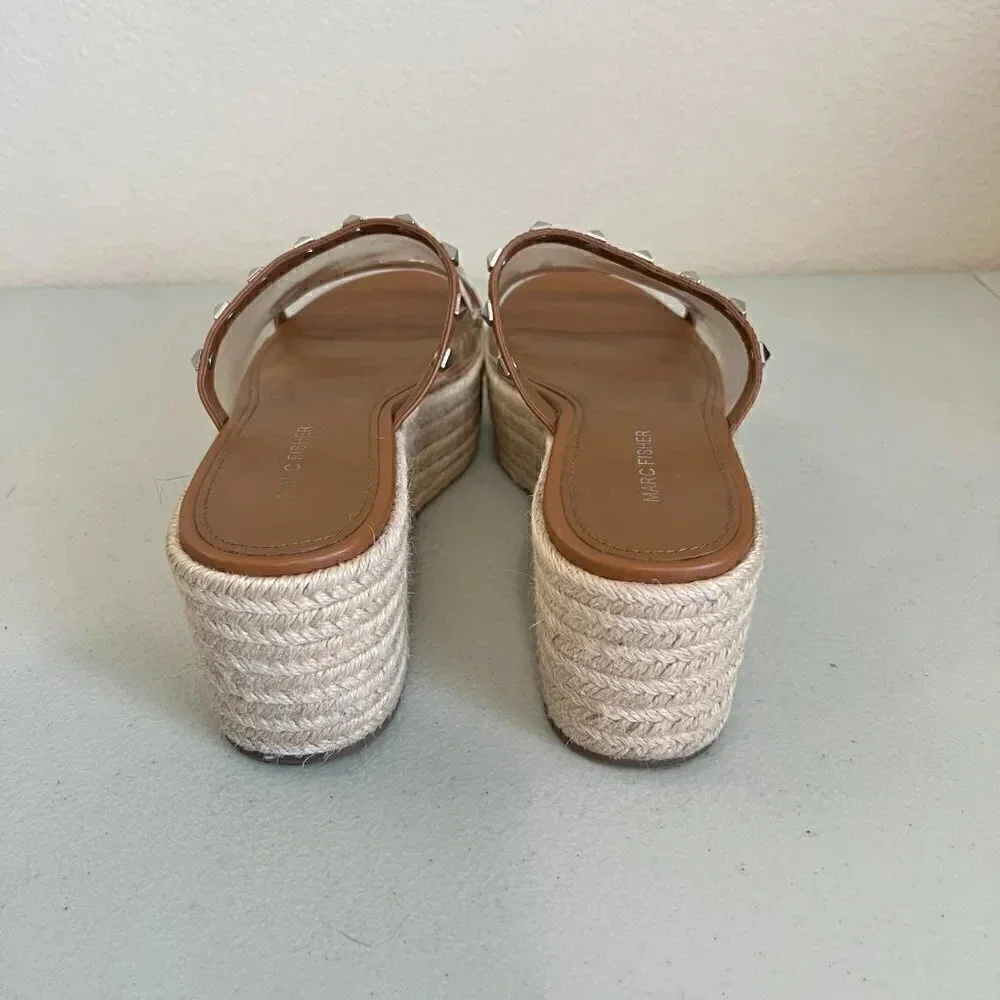 Marc Fisher Womens Leather Studded Espadrille Platform Sandals Brown Size 8 1/2M